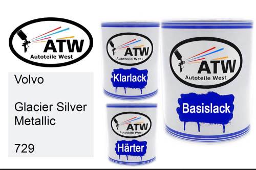 Volvo, Glacier Silver Metallic, 729: 1L Lackdose + 1L Klarlack + 500ml Härter - Set, von ATW Autoteile West.